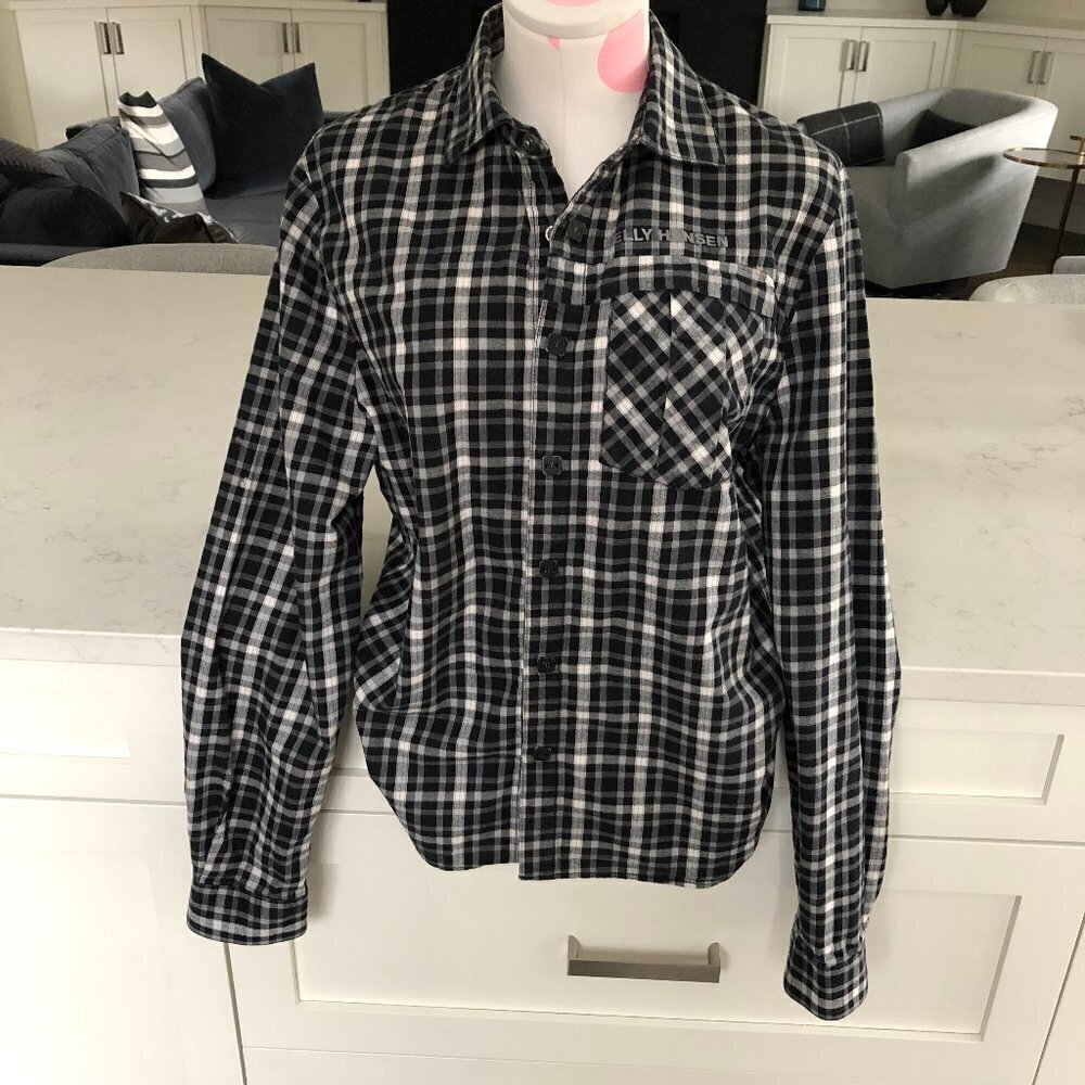 Helly Hansen Casual Cozy Snap Down Cotton Plaid Shirt Black Grey White Sz S